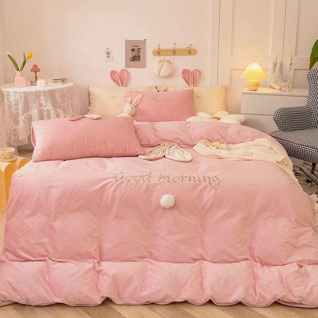 Pink White Bunny Rabbit Girls Crystal Velvet Kids Duvet Cover Set, Fleece Fabric Bedding Set