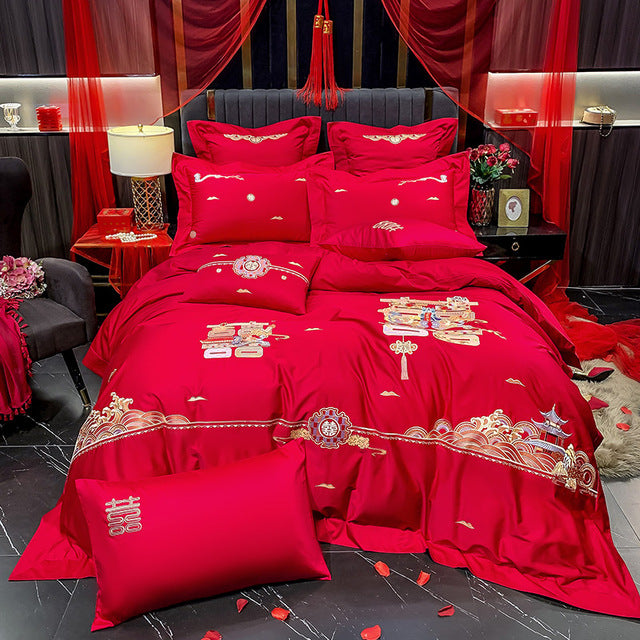 Luxury Red Peacock Elegant Phoenix Embroidered Wedding Duvet Cover Set, 600TC Egyptian Cotton Bedding Set