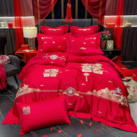 Thumbnail for Luxury Red Peacock Elegant Phoenix Embroidered Wedding Duvet Cover Set, 600TC Egyptian Cotton Bedding Set