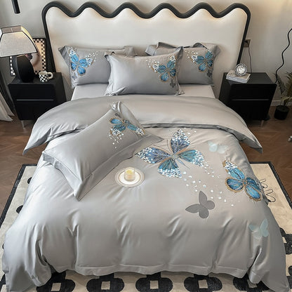 White Blue Butterfly Premium Embroidered Boys Girls Duvet Cover Set, 1000TC Egyptian Cotton Bedding Set