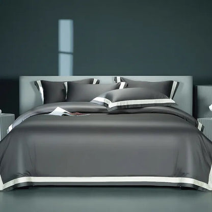 Luxury Grey White Premium Hotel Grade Satin Silky Duvet Cover, 1400TC Egyptian Cotton Bedding Set