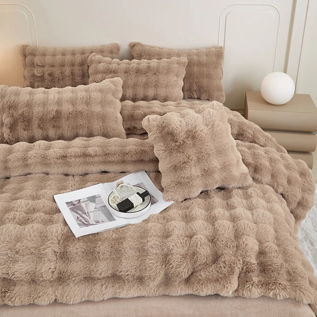 Premium Gradient Fur Autumn Winter Plush Cozy Duvet Cover Bedding Set