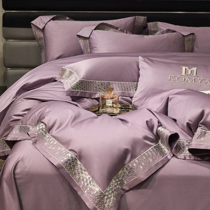 Silver Grey Luxury Long Square Stripe Embroidery Satin Silky Duvet Cover Set, 1000TC Egyptian Cotton Bedding Set