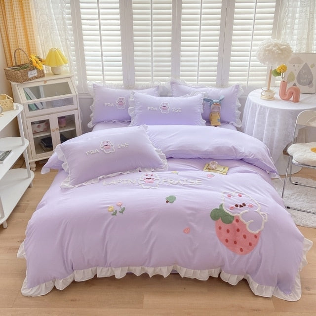 Yellow Purple Cartoon Strawberry Rabbit Embroidered Kids Duvet Cover, Polyester Bedding Set