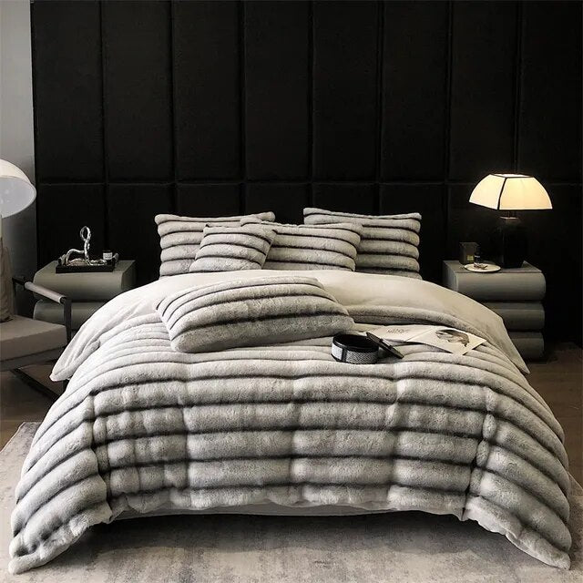 Premium Grey Brown Plush Velvet Fleece Stripe Duvet Cover Bedding Set