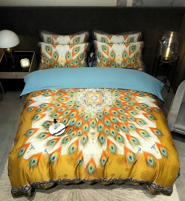 Premium Peacock Boho Digital Printing Smooth Soft Silky Duvet Cover Set, Polyester 600TC Bedding Set