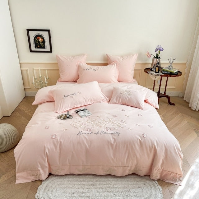 Pink Flowers Premium Embroidery Duvet Cover Set, 1000TC Egyptian Cotton Bedding Set