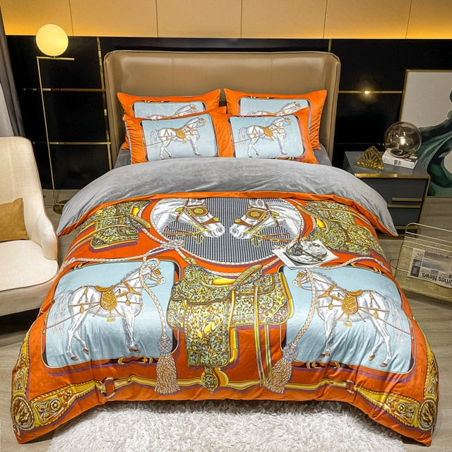 Luxury Horse Blue Gold European Baroque Linen Duvet Cover Set, Coral Velvet Fleece Bedding Set