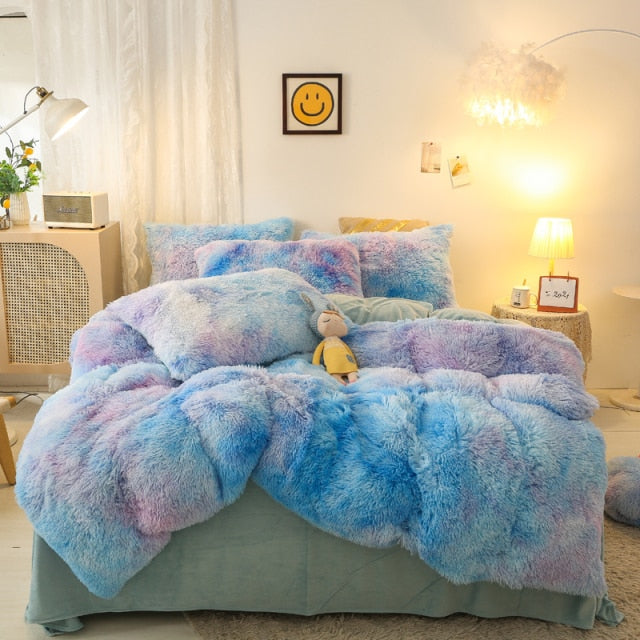 Luxury Rainbow Sweet Super Shaggy Soft Coral Fleece Warm Duvet Cover Bedding Set