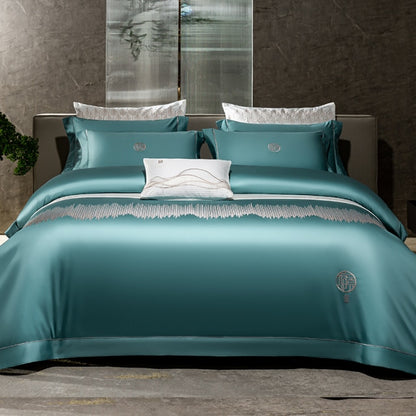 Luxury Blue Turquoise Relax Embroidered Linen Duvet Cover Set, 1000TC Egyptian Cotton Bedding Set
