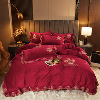 Thumbnail for Luxury Pink Green Red Warm Embroidered Crystal Velvet Duvet Cover Set, Fleece Fabric Bedding Set