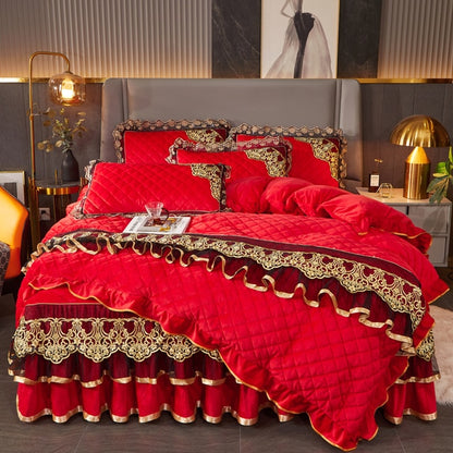 Gold Burgundy Red Luxury European Royal Velvet Embroidered Bed Skirt 
 Duvet Cover Bedding Set