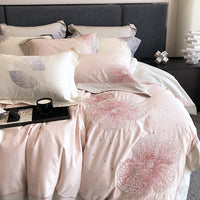 Thumbnail for Pink Blue Big Flower Pattern Patchwork Embroidery Duvet Cover, 1000TC Egyptian Cotton Bedding Set