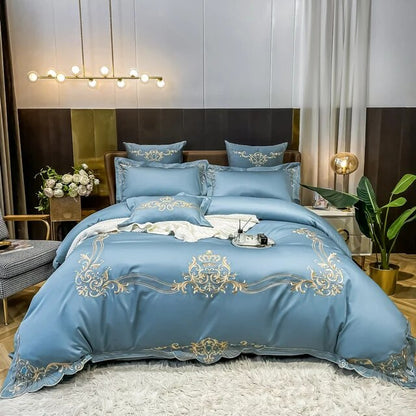 White Gold Red Luxury Baroque Europe Embroidery Duvet Cover Set, 600TC Cotton Bedding Set