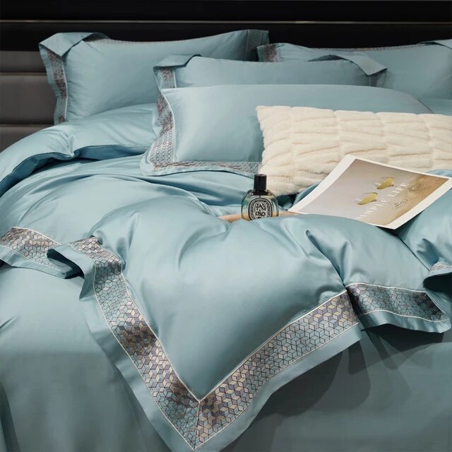 Silver Grey Luxury Long Square Stripe Embroidery Satin Silky Duvet Cover Set, 1000TC Egyptian Cotton Bedding Set