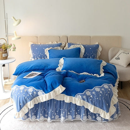 Blue Gold Flower Crystal Velvet European Princess Bed Skirt Patchwork Duvet Cover Bedding Set