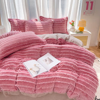 Thumbnail for Pink Grey Super Soft Princess Autumn Winter Tassel Flannel Duvet Cover Set , Crystal Velvet Bedding Set