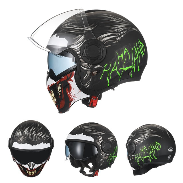 Black Grey Skull Retro Motorcycle Helmets Open Full Face Double Lens Dot Approved