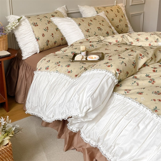 French Vintage White Green Patchwork Floral Ruffles Duvet Cover Set, 400TC Cotton Bedding Set