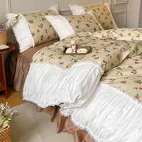 Thumbnail for French Vintage White Green Patchwork Floral Ruffles Duvet Cover Set, 400TC Cotton Bedding Set