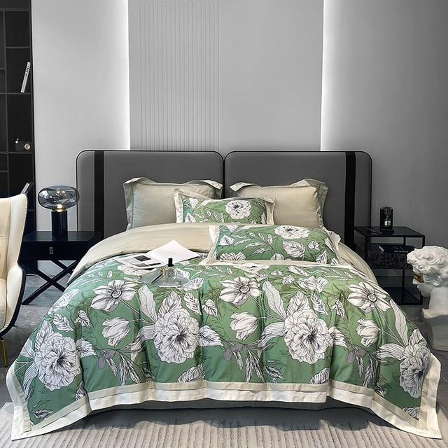 Luxury Green Brown Leaves Print Pattern Duvet Cover, Egyptian Cotton 1000TC Bedding set