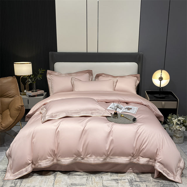 Premium Blue Pink Long Striped Hotel Grade Satin Silky Embroidered Duvet Cover Set, 1200TC Egyptian Cotton Bedding Set