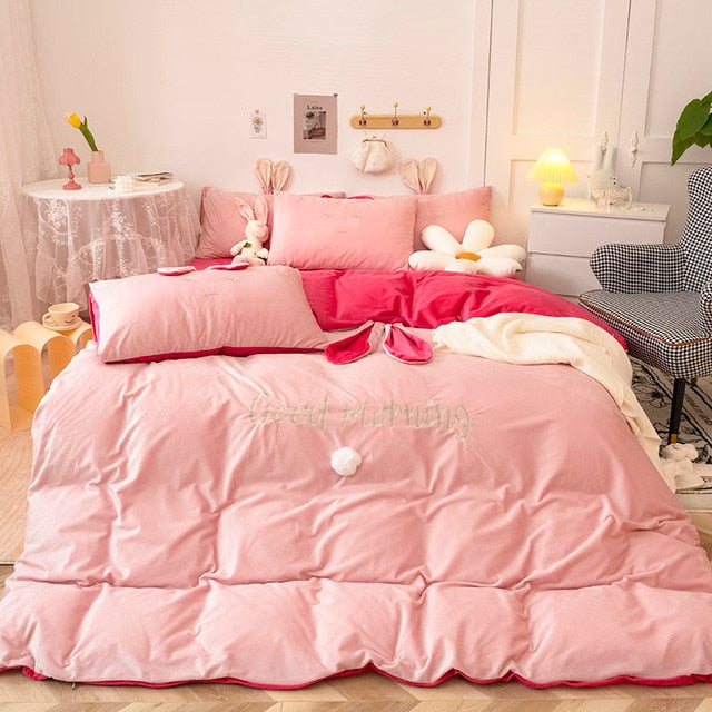 Pink White Bunny Rabbit Girls Crystal Velvet Kids Duvet Cover Set, Fleece Fabric Bedding Set