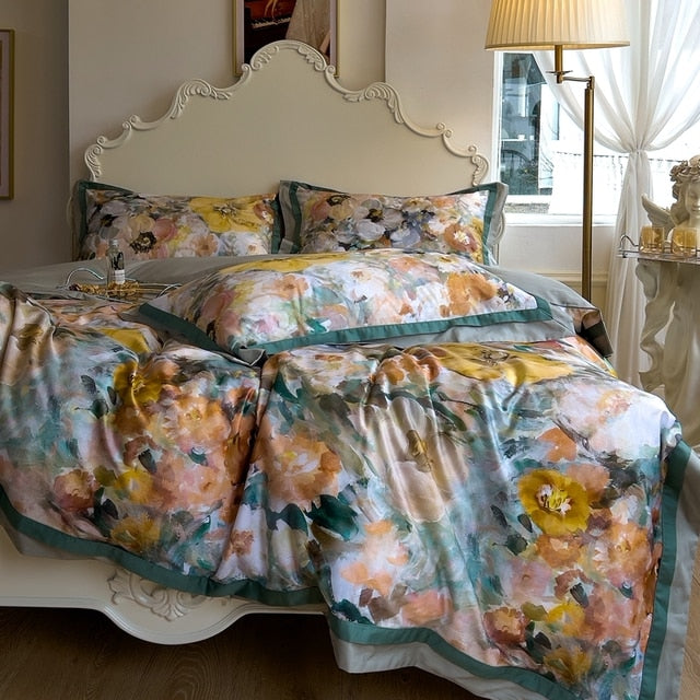 Luxury American Vintage Flower Print Duvet Cover Set, Egyptian Cotton 1000TC Bedding Set