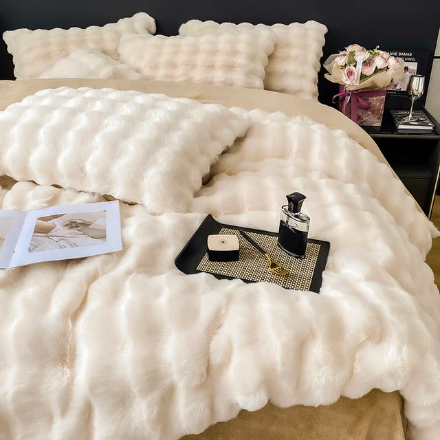 Premium Gradient Fur Autumn Winter Plush Cozy Duvet Cover Bedding Set