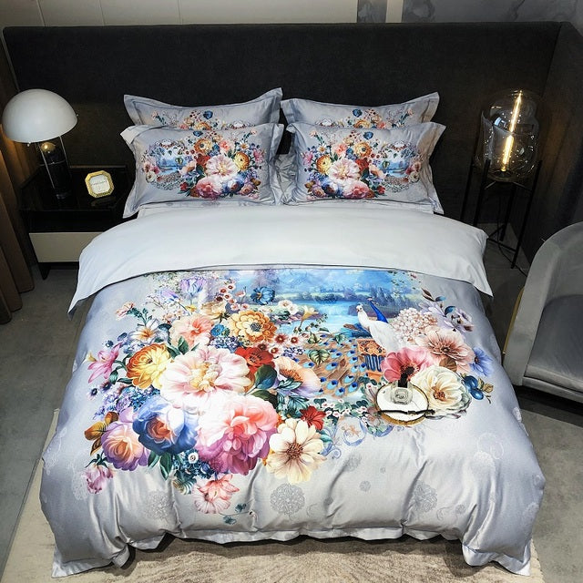 Premium Peacock Boho Digital Printing Smooth Soft Silky Duvet Cover Set, Polyester 600TC Bedding Set