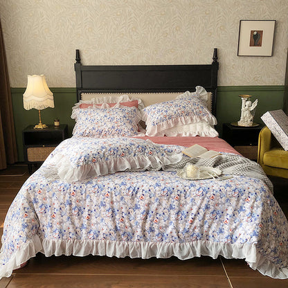 Premium American Flower Sweet Autumn Winter Girl Pleat Ruffles Duvet Cover Set, Polyester 600TC Bedding Set