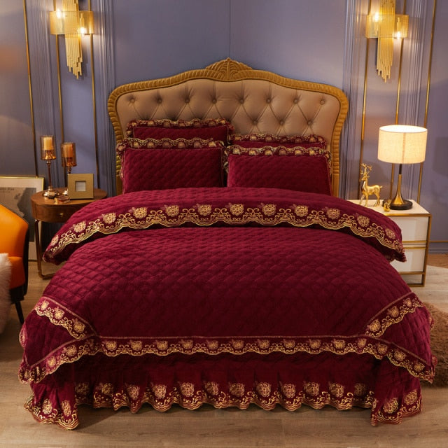 Luxury Gold Thicken Warm Crystal Velvet Embroidered with Ruffles Duvet Cover Bedding Set