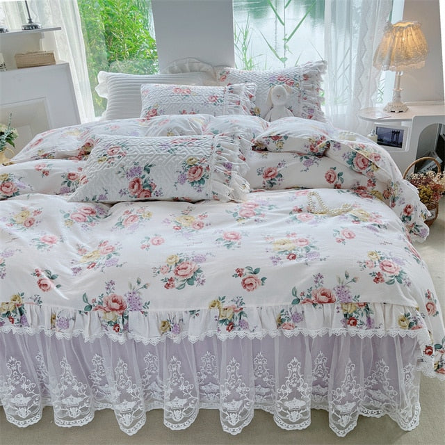 White Rose Floral French Vintage Cotton Bed Skirt Ruffle Duvet Cover Bedding Set