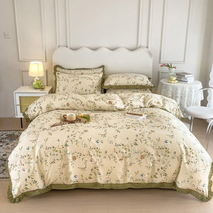 Vintage Flower Nature Lace Ruffles Princess Duvet Cover Set, Pure Cotton Bedding Set