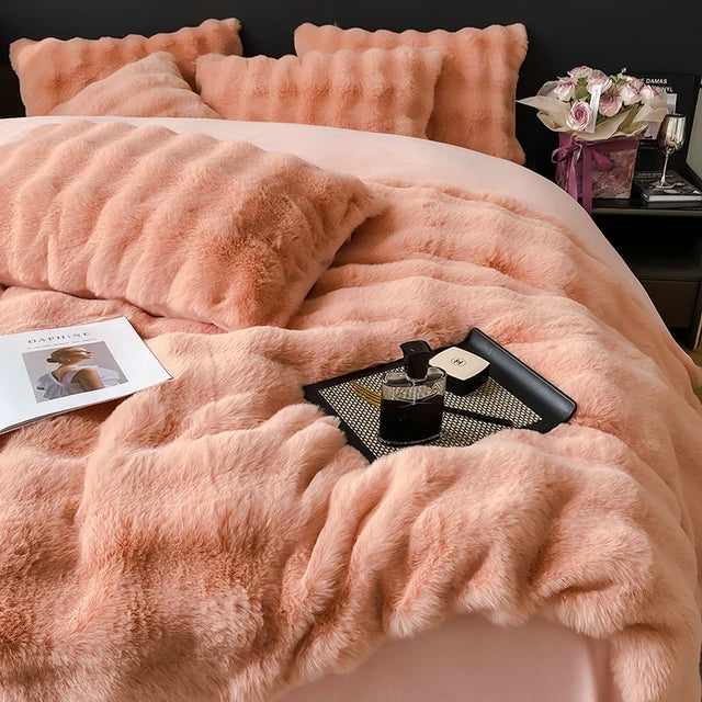 Premium Gradient Fur Autumn Winter Plush Cozy Duvet Cover Bedding Set