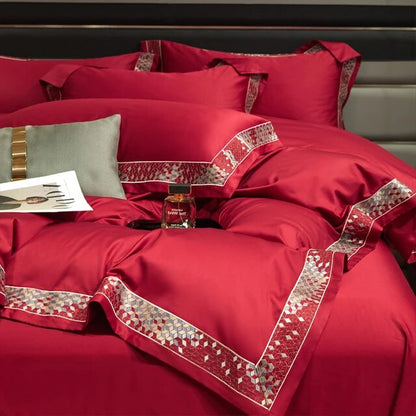 Silver Grey Luxury Long Square Stripe Embroidery Satin Silky Duvet Cover Set, 1000TC Egyptian Cotton Bedding Set