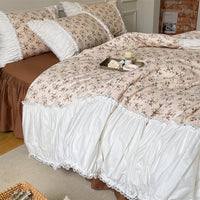 Thumbnail for French Vintage White Green Patchwork Floral Ruffles Duvet Cover Set, 400TC Cotton Bedding Set