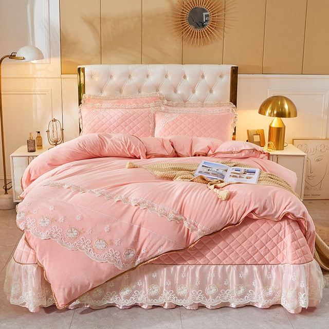 Luxury Yellow Pink Warm Velvet Fleece Lace Ruffles Quilted Bedspread Bedding Set