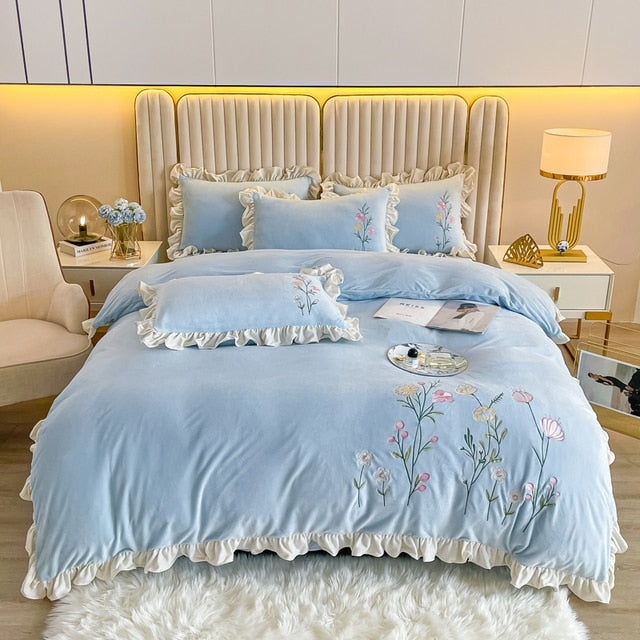 White Pink Soft Crystal Velvet Flowers Embroidered Ruffles Duvet Cover Set, Fleece Fabric Bedding Set