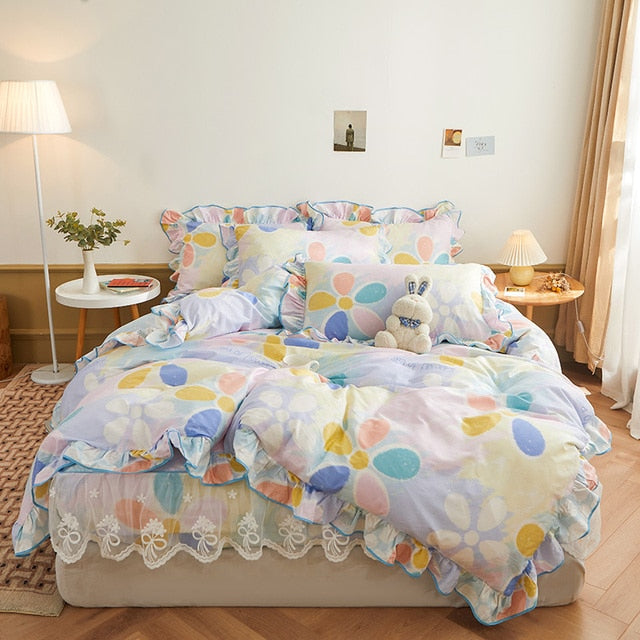 Floral Sweet Dream Patchwork Bed skirt Lace Ruffle Duvet Cover, 1000TC Egyptian Cotton Bedding Set