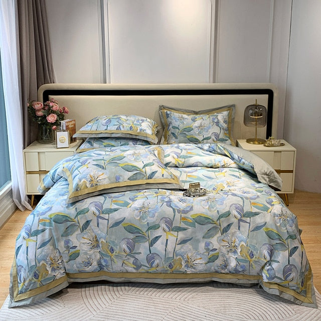 Nature Vintage Oil Painting Flowers Luxury Silky Duvet Cover, Egyptian Cotton 1000TC Bedding Set