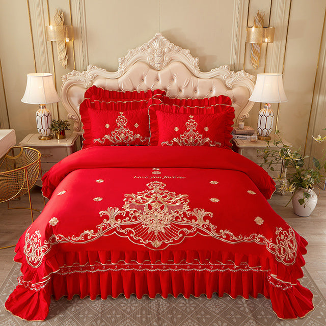 Premium Red Gold Wedding Dragon Phoenix Embroidered Ruffles Duvet Cover Set, Cotton 400TC Bedding Set