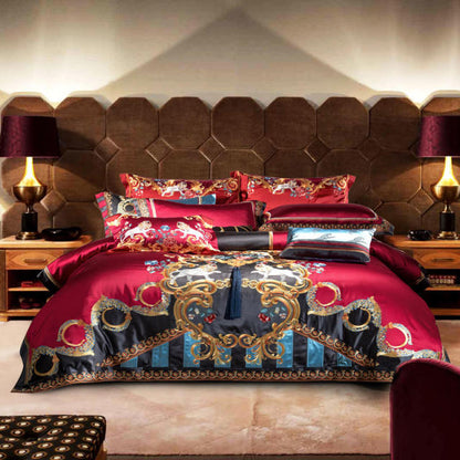 Luxury Lion Gold Vintage Silk Jacquard European Duvet Cover Set, Egyptian Cotton 1200TC Bedding Set