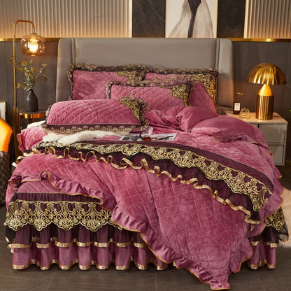 Gold Burgundy Red Luxury European Royal Velvet Embroidered Bed Skirt 
 Duvet Cover Bedding Set