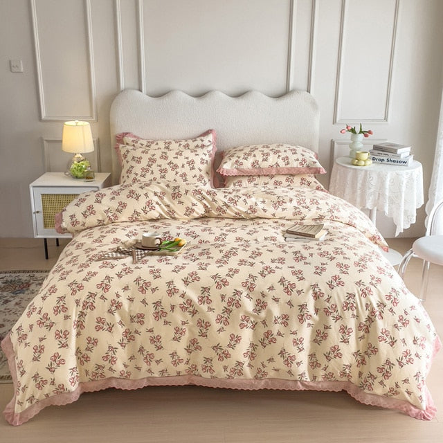 Vintage Flower Nature Lace Ruffles Princess Duvet Cover Set, Pure Cotton Bedding Set