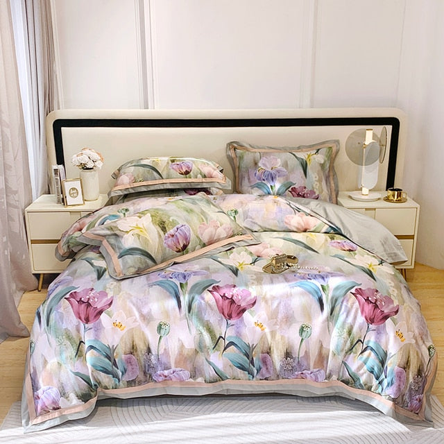 Nature Vintage Oil Painting Flowers Luxury Silky Duvet Cover, Egyptian Cotton 1000TC Bedding Set