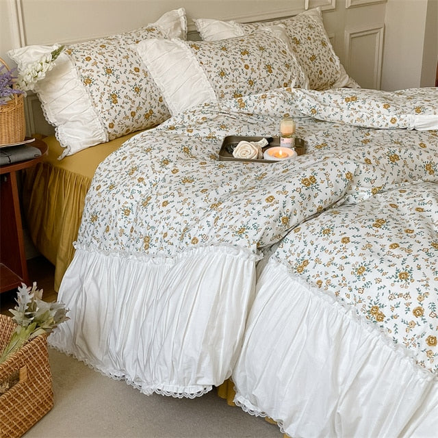 French Vintage White Green Patchwork Floral Ruffles Duvet Cover Set, 400TC Cotton Bedding Set