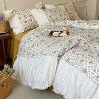 Thumbnail for French Vintage White Green Patchwork Floral Ruffles Duvet Cover Set, 400TC Cotton Bedding Set