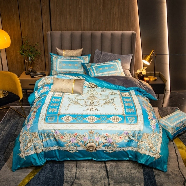 Luxury Horse Blue Gold European Baroque Linen Duvet Cover Set, Coral Velvet Fleece Bedding Set