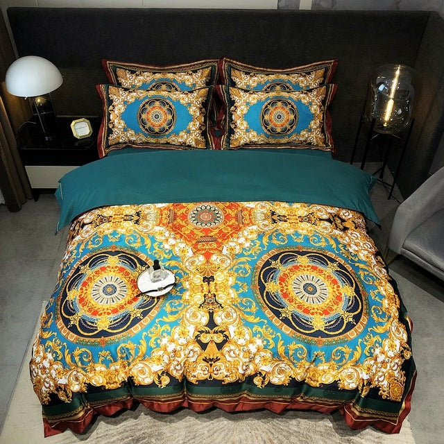 Premium Peacock Boho Digital Printing Smooth Soft Silky Duvet Cover Set, Polyester 600TC Bedding Set